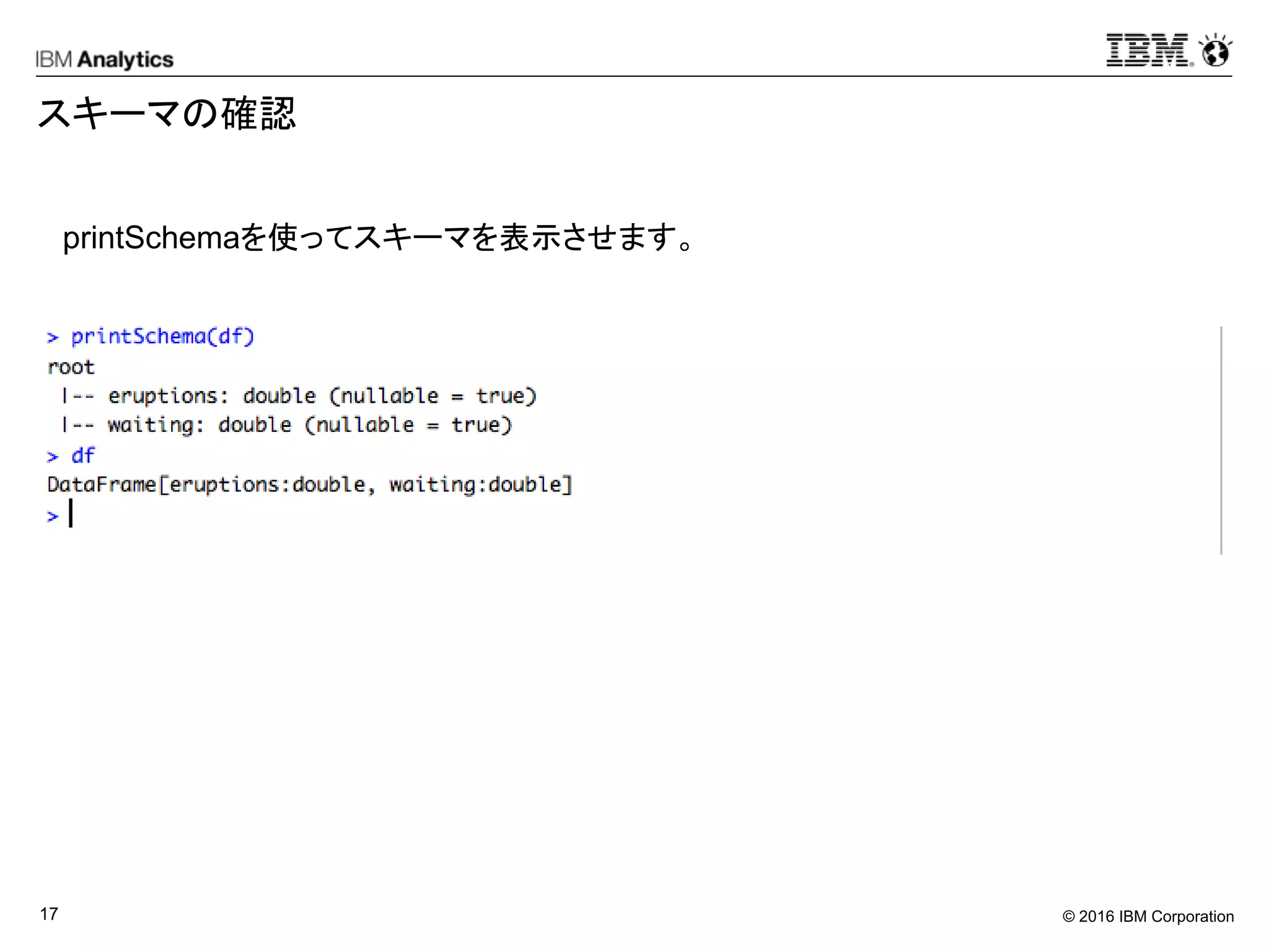 © 2016 IBM Corporation17
スキーマの確認
printSchemaを使ってスキーマを表示させます。
 