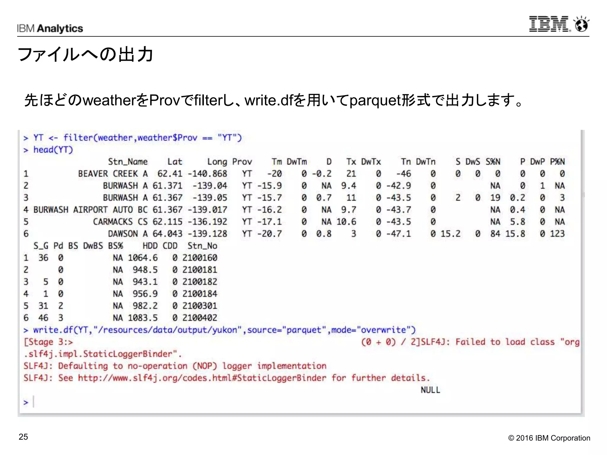 © 2016 IBM Corporation25
ファイルへの出力
先ほどのweatherをProvでfilterし、write.dfを用いてparquet形式で出力します。
 