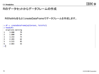 © 2016 IBM Corporation16
Rのデータセットからデータフレームの作成
RのfaithfulをもとにcreateDataFrameでデータフレームを作成します。
 