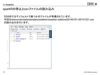 © 2016 IBM Corporation22
sparkRの停止とcsvファイルの読み込み
DSWBではディフォルトで幾つかのファイルが準備されています。
今回はresources/data/samples/weather/weather-stations20140101-20141231.csv
の読み込みを行います。
 