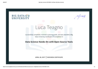 28/4/2017 Big Data University DS0105EN Certificate | Big Data University
https://courses.bigdatauniversity.com/certificates/user/618012/course/course­v1:BigDataUniversity+DS0105EN+2016 1/2
Luca Teagno
successfully completed, received a passing grade, and was awarded a Big
Data University Certiﬁcate of Completion in
Data Science Hands-On with Open Source Tools
APRIL 28, 2017 | DS0105EN CERTIFICATE
 