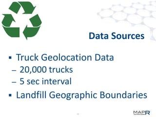 Data Sources

   Truck Geolocation Data
– 20,000 trucks
– 5 sec interval
   Landfill Geographic Boundaries
                   21
 