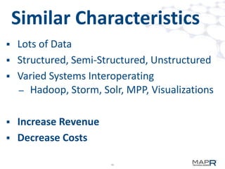 Similar Characteristics
Lots of Data
 Structured, Semi-Structured, Unstructured
 Varied Systems Interoperating
– Hadoop, Storm, Solr, MPP, Visualizations


Increase Revenue
 Decrease Costs


46

 