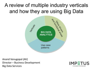 A review of multiple industry verticals
   and how they are using Big Data




Anand Venugopal (AV)
Director – Business Development
Big Data Services
 