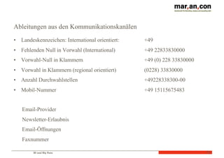 BI und Big Data
Ableitungen aus den Kommunikationskanälen
• Landeskennzeichen: International orientiert:
• Fehlenden Null in Vorwahl (International)
• Vorwahl-Null in Klammern
• Vorwahl in Klammern (regional orientiert)
• Anzahl Durchwahlstellen
• Mobil-Nummer
72
+49
+49 22833830000
+49 (0) 228 33830000
(0228) 33830000
+49228338300-00
+49 15115675483
Email-Provider
Newsletter-Erlaubnis
Email-Öffnungen
Faxnummer
 