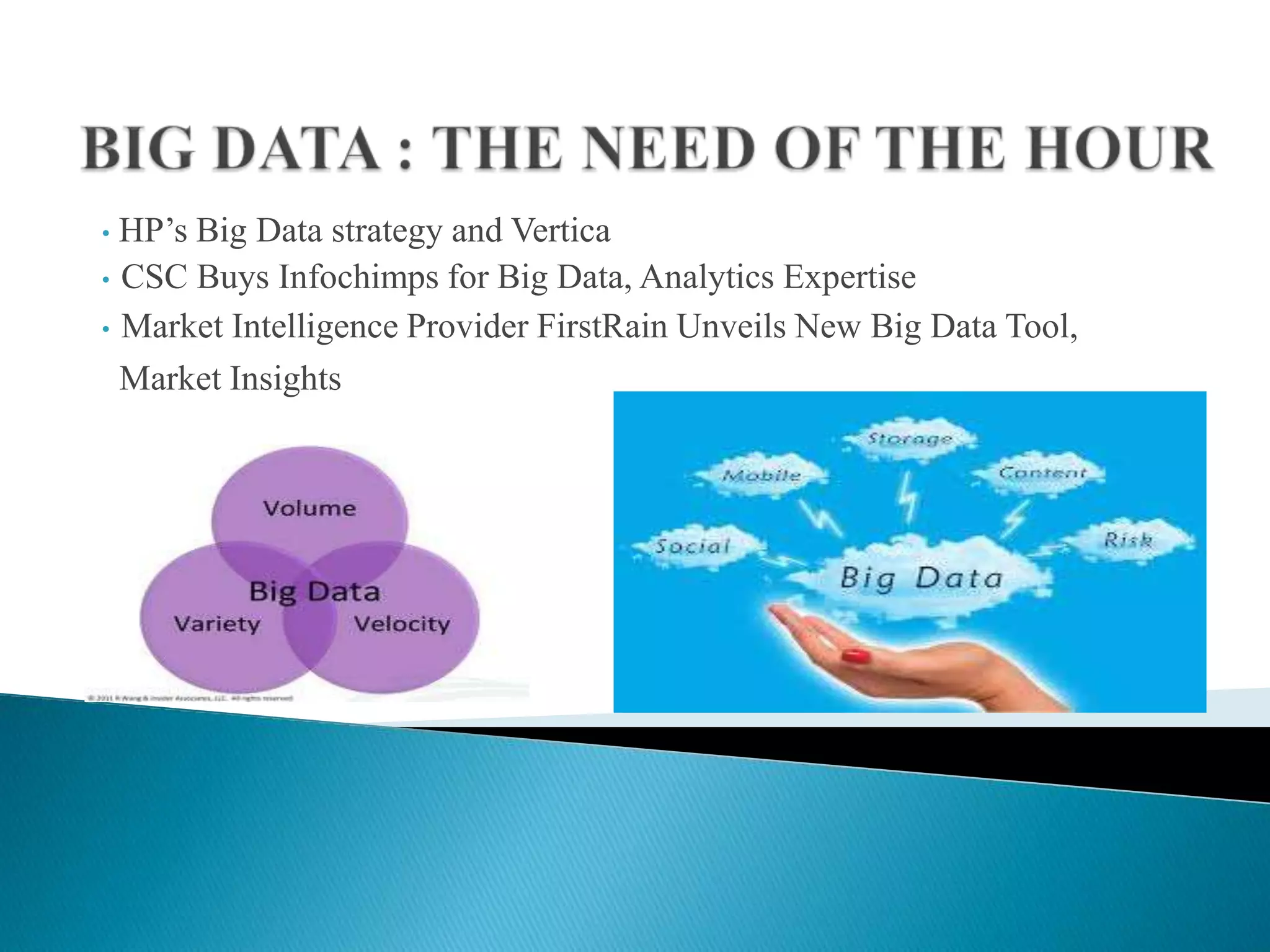 • HP’s Big Data strategy and Vertica
• CSC Buys Infochimps for Big Data, Analytics Expertise
• Market Intelligence Provider FirstRain Unveils New Big Data Tool,
Market Insights
 