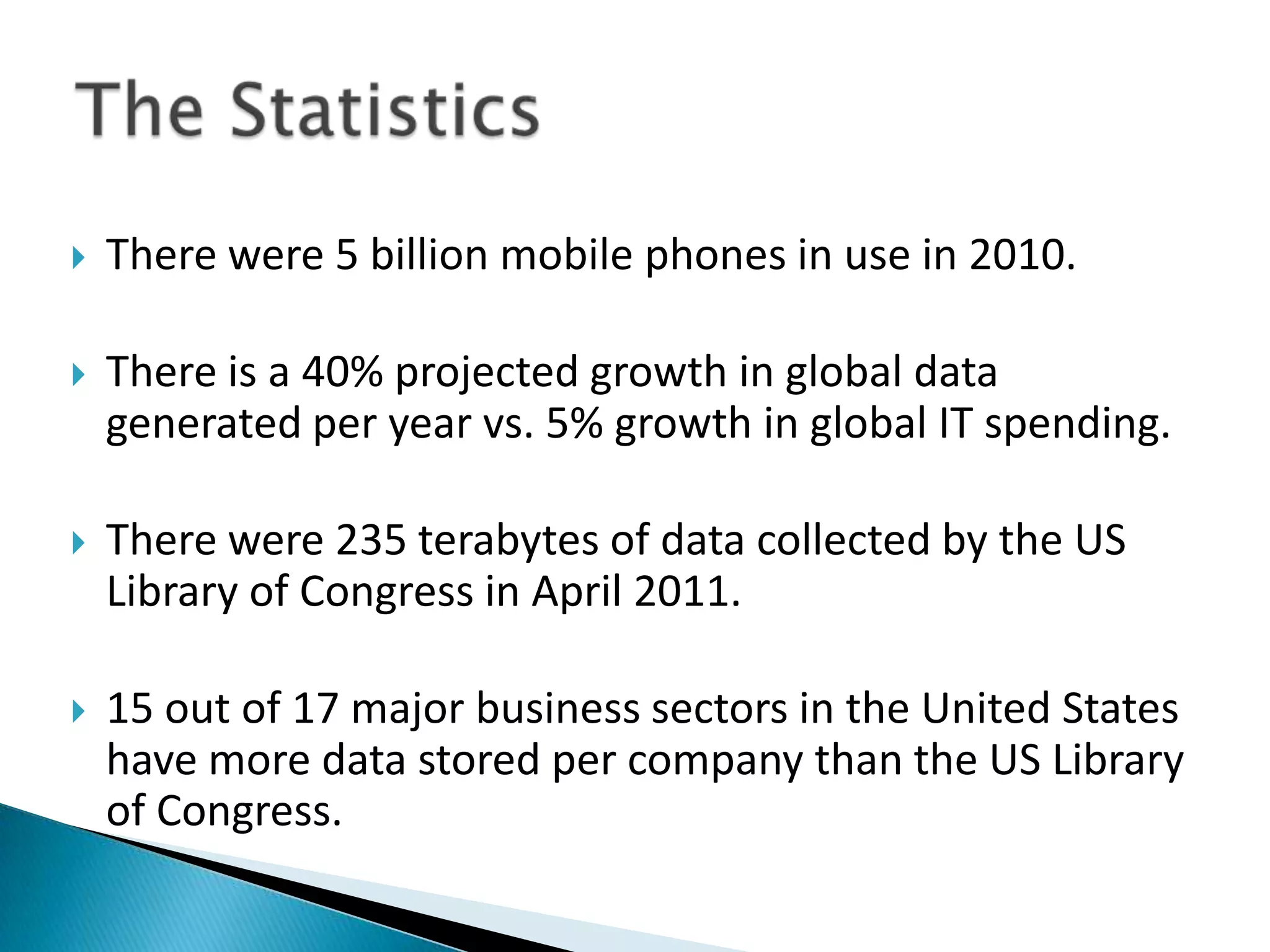  There were 5 billion mobile phones in use in 2010.
 There is a 40% projected growth in global data
generated per year vs. 5% growth in global IT spending.
 There were 235 terabytes of data collected by the US
Library of Congress in April 2011.
 15 out of 17 major business sectors in the United States
have more data stored per company than the US Library
of Congress.
 