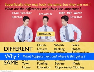 Superﬁcially they may look the same, but they are not !
       What are the differences and why is this important ?
                    Head Teacher    Fraudster       High Net Worth
                    Solvent                                Investor




                                    1078653271



                                   Morals        Wealth      Fears
     DIFFERENT                     Desires       Banking     Hopes
                                                             Relationships
                                   Ambitions     Purchases
     Why ? DoB happens next and where is this going ?
           What
                  Family      Friends      Food
     SAME Town Funding Society Music
                          Home     Education     Opportunity Clothing
Thursday, 31 January 13
 