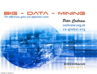 Big - Data - Mining
      The differences, gains and application areas
                                                     Peter Cochrane
                                                     cochrane.org.uk
                                                     ca-global.org




                                                     COCHRANE
                                                      a s s o c i a t e s

Thursday, 31 January 13
 