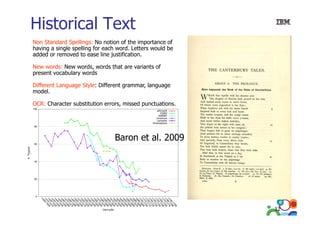 Historical Text
Non Standard Spellings: No notion of the importance of
having a single spelling for each word. Letters would be
added or removed to ease line justification.
New words: New words, words that are variants of
present vocabulary words
Different Language Style: Different grammar, language
g g
y
g
,
g g
model.
OCR: Character substitution errors, missed punctuations.

Baron et al. 2009
al

12

 
