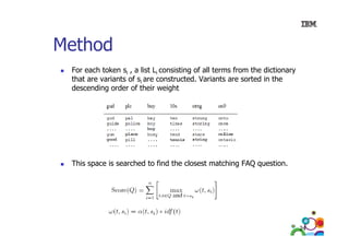 Method
M th d
For
F each t k si , a li t Li consisting of all t
h token
list
i ti
f ll terms f
from th di ti
the dictionary
that are variants of si are constructed. Variants are sorted in the
descending order of their weight

This space is searched to find the closest matching FAQ question.

24

 
