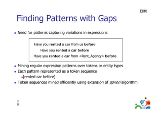 Finding Patterns with Gaps
Need for
N d f patterns capturing variations in expressions
i
i i
i
i
Have you rented a car from us before
Have you rented a car before
Have you rented a car from <Rent_Agency> before
<Rent Agency>

Mining regular expression patterns over tokens or entity types
Each tt
E h pattern represented as a t k sequence
t d
token
[rented car before]
Token sequences mined efficiently using extension of apriori algorithm

2
8

 