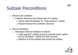 Subtask Preconditions
Utterance pre-conditions
U
di i
Customer utterances that indicate start of a subtask
“please make this booking for “make payment” subtask
please
booking”
make payment
Frequent features from customer utterances
Flow pre-conditions
Only logical orders of subtasks are allowed
“make
“ k payment” subtask cannot b executed unless “ th
t” bt k
t be
t d l
“gather
pick-up information” subtask has been executed.
Collection of all the subtasks that precede the subtask
p

32

 