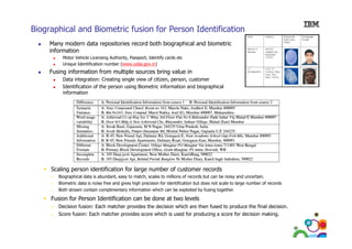 Biographical and Biometric fusion for Person Identification
Many modern data repositories record both biographical and biometric
information
Motor Vehicle Licensing Authority, Passport, Identify cards etc
Unique Identification number (www.uidai.gov.in)

Fusing information from multiple sources bring value in
Data integration: Creating single view of citizen, person, customer
Identification of the person using Biometric information and biographical
information

Scaling person identification for large number of customer records
–
–

Biographical data is abundant, easy to match, scales to millions of records but can be noisy and uncertain.
Biometric data is noise free and gives high precision for identification but does not scale to large number of records

–

Both stream contain complimentary information which can be exploited by fusing together

Fusion for Person Identification can be done at two levels
– Decision fusion: Each matcher provides the decision which are then fused to produce the final decision.
– Score fusion: Each matcher provides score which is used for producing a score for decision making.
64

 