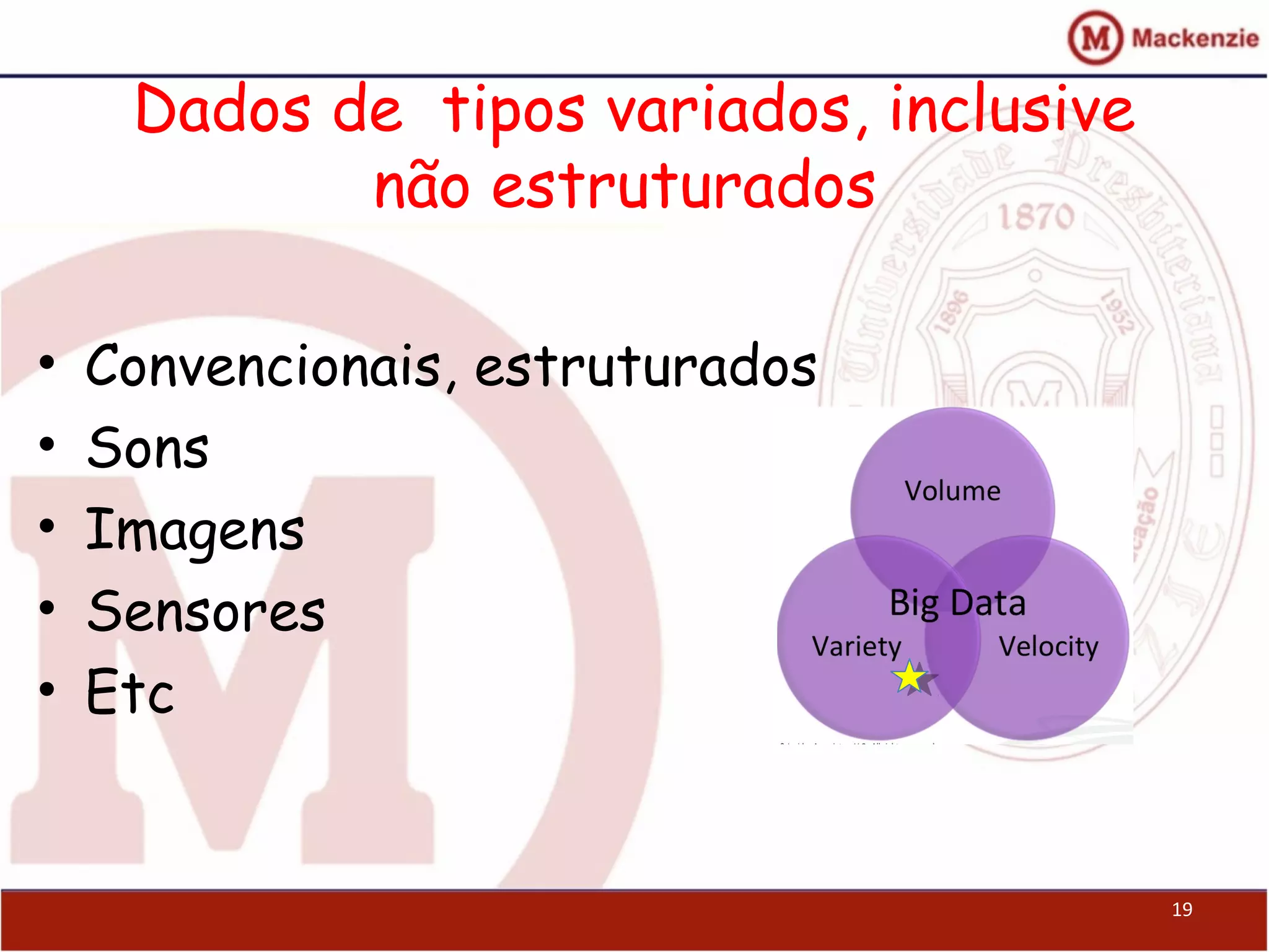 Dados de tipos variados, inclusive
não estruturados
• Convencionais, estruturados
• Sons
• Imagens
• Sensores
• Etc
19
 