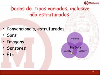 Dados de tipos variados, inclusive
não estruturados
• Convencionais, estruturados
• Sons
• Imagens
• Sensores
• Etc
19
 