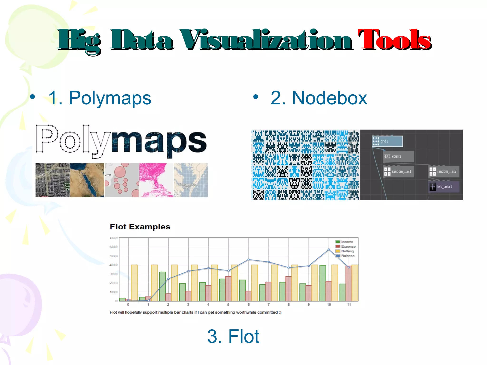Big Data VisualizationBig Data Visualization ToolsTools
• 1. Polymaps
3. Flot
• 2. Nodebox
 