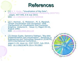 ReferencesReferences
• [1] S. Y. Kung , “Visualization of Big Data”,
Cognitive Informatics & Cognitive Computing (ICCI*CC)
, pages. 447-449, 6-8 July 2015.
DOI: 10.1109/ICCI-CC.2015.7259428
• [2] I. Herman , G. Melancon ; M. S. Marshall,
“Graph Visualization and navigation” IEEE
Transactions on Visualization and Computer
Graphics (Volume:6 , Issue:1), Pages 24-43,
August 2002.
DOI: 10.1109/2945.841119
• [3] Deepa Gupta, Sameera Siddiqui; “Big data
Implementation and Visualization”, Advances in
Engineering and Technology Research (ICAETR),
2014 International Conference ,
pages-1-10, issue no. 2347-9337, July 2014.
DOI: 10.1109/ICAETR.2014.7012883
 