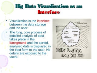 Big Data Visualization as anBig Data Visualization as an
InterfaceInterface
• Visualization is the interface
between the data storage
and the user.
• The long, core process of
detailed analysis of data
takes place in the
background and the sorted,
analysed data is displayed in
the best form to the user. No
details are exposed to the
users.
 