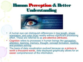HumanHuman PerceptionPerception & Better& Better
UnderstandingUnderstanding
• A human eye can distinguish differences in line length, shape
orientation, and color (hue) readily without significant processing
effort. These are referred to as pre-attentive attributes.
• Cognition refers to processes in human beings like perception,
attention, learning, memory, thought, concept formation, reading,
and problem solving. 
• The basis of data visualization evolved because as a picture is
worth a thousand words, data displayed graphically allows for an
easier comprehension of the information. 
 