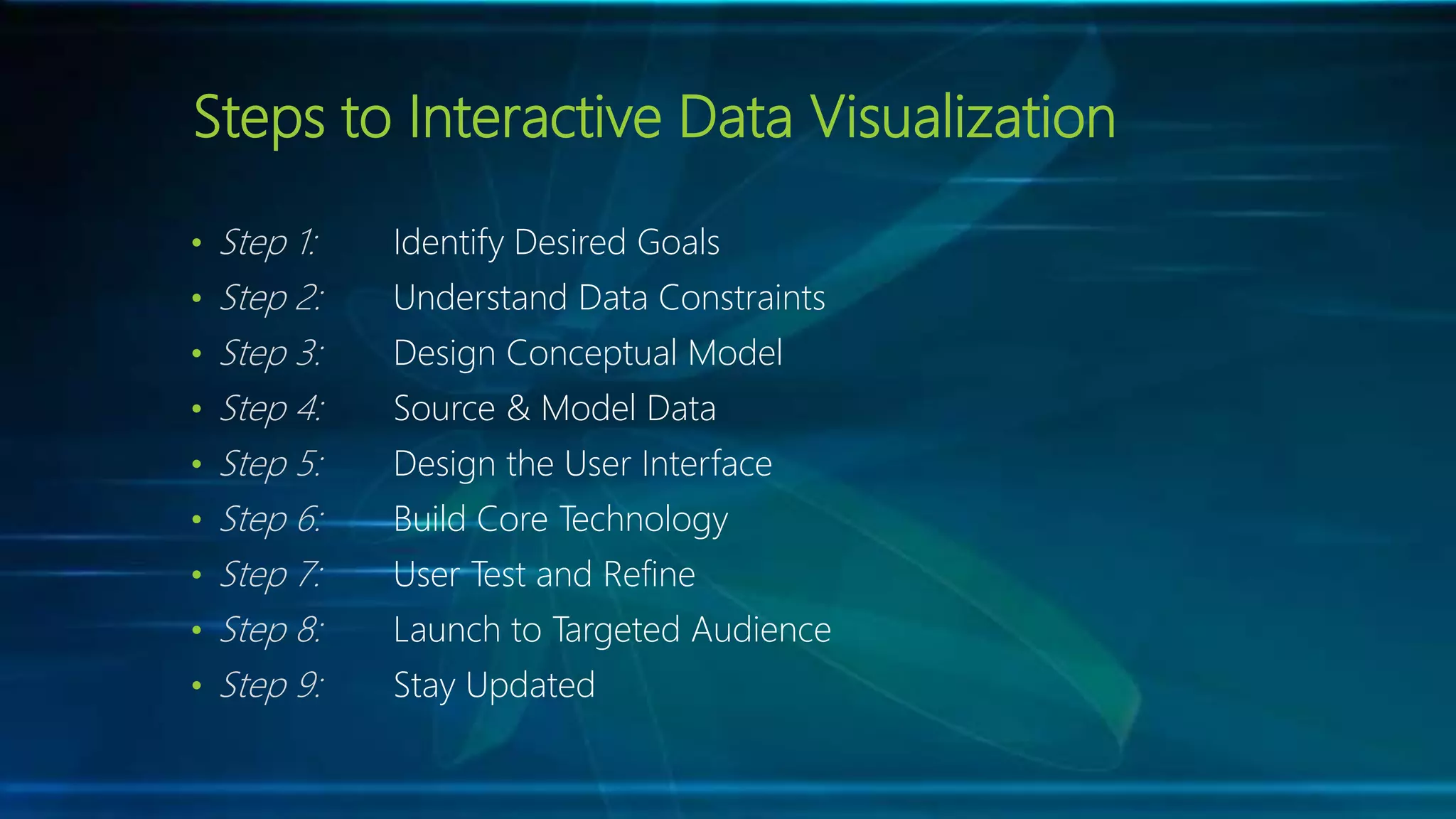 Steps to Interactive Data Visualization
• Step 1:
• Step 2:
• Step 3:
• Step 4:
• Step 5:
• Step 6:
• Step 7:
• Step 8:
• Step 9:
Identify Desired Goals
Understand Data Constraints
Design Conceptual Model
Source & Model Data
Design the User Interface
Build Core Technology
User Test and Refine
Launch to Targeted Audience
Stay Updated
 