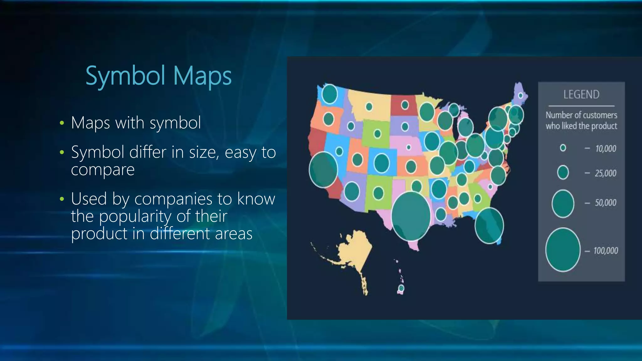Symbol Maps
• Maps with symbol
• Symbol differ in size, easy to
compare
• Used by companies to know
the popularity of their
product in different areas
 