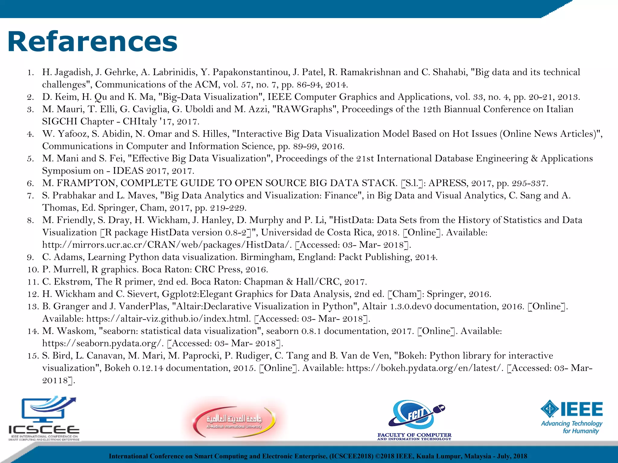 Refarences International Conference on Smart Computing and Electronic Enterprise, (ICSCEE2018) ©2018 IEEE, Kuala Lumpur, Malaysia - July, 2018 1. H. Jagadish, J. Gehrke, A. Labrinidis, Y. Papakonstantinou, J. Patel, R. Ramakrishnan and C. Shahabi, "Big data and its technical challenges", Communications of the ACM, vol. 57, no. 7, pp. 86-94, 2014. 2. D. Keim, H. Qu and K. Ma, "Big-Data Visualization", IEEE Computer Graphics and Applications, vol. 33, no. 4, pp. 20-21, 2013. 3. M. Mauri, T. Elli, G. Caviglia, G. Uboldi and M. Azzi, "RAWGraphs", Proceedings of the 12th Biannual Conference on Italian SIGCHI Chapter - CHItaly '17, 2017. 4. W. Yafooz, S. Abidin, N. Omar and S. Hilles, "Interactive Big Data Visualization Model Based on Hot Issues (Online News Articles)", Communications in Computer and Information Science, pp. 89-99, 2016. 5. M. Mani and S. Fei, "Effective Big Data Visualization", Proceedings of the 21st International Database Engineering & Applications Symposium on - IDEAS 2017, 2017. 6. M. FRAMPTON, COMPLETE GUIDE TO OPEN SOURCE BIG DATA STACK. [S.l.]: APRESS, 2017, pp. 295-337. 7. S. Prabhakar and L. Maves, "Big Data Analytics and Visualization: Finance", in Big Data and Visual Analytics, C. Sang and A. Thomas, Ed. Springer, Cham, 2017, pp. 219-229. 8. M. Friendly, S. Dray, H. Wickham, J. Hanley, D. Murphy and P. Li, "HistData: Data Sets from the History of Statistics and Data Visualization [R package HistData version 0.8-2]", Universidad de Costa Rica, 2018. [Online]. Available: http://mirrors.ucr.ac.cr/CRAN/web/packages/HistData/. [Accessed: 03- Mar- 2018]. 9. C. Adams, Learning Python data visualization. Birmingham, England: Packt Publishing, 2014. 10. P. Murrell, R graphics. Boca Raton: CRC Press, 2016. 11. C. Ekstrøm, The R primer, 2nd ed. Boca Raton: Chapman & Hall/CRC, 2017. 12. H. Wickham and C. Sievert, Ggplot2:Elegant Graphics for Data Analysis, 2nd ed. [Cham]: Springer, 2016. 13. B. Granger and J. VanderPlas, "Altair:Declarative Visualization in Python", Altair 1.3.0.dev0 documentation, 2016. [Online]. Available: https://altair-viz.github.io/index.html. [Accessed: 03- Mar- 2018]. 14. M. Waskom, "seaborn: statistical data visualization", seaborn 0.8.1 documentation, 2017. [Online]. Available: https://seaborn.pydata.org/. [Accessed: 03- Mar- 2018]. 15. S. Bird, L. Canavan, M. Mari, M. Paprocki, P. Rudiger, C. Tang and B. Van de Ven, "Bokeh: Python library for interactive visualization", Bokeh 0.12.14 documentation, 2015. [Online]. Available: https://bokeh.pydata.org/en/latest/. [Accessed: 03- Mar- 20118]. 