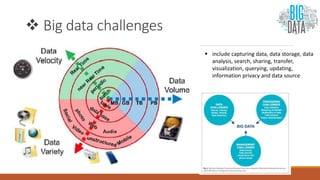  Big data challenges
 include capturing data, data storage, data
analysis, search, sharing, transfer,
visualization, querying, updating,
information privacy and data source
 