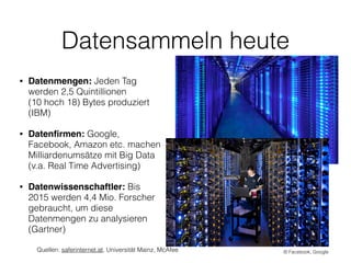 Datensammeln heute
• Datenmengen: Jeden Tag  
werden 2,5 Quintillionen  
(10 hoch 18) Bytes produziert
(IBM)
• Datenﬁrmen: Google,
Facebook, Amazon etc. machen
Milliardenumsätze mit Big Data
(v.a. Real Time Advertising)
• Datenwissenschaftler: Bis
2015 werden 4,4 Mio. Forscher
gebraucht, um diese
Datenmengen zu analysieren
(Gartner)
Quellen: saferinternet.at, Universität Mainz, McAfee © Facebook, Google
 