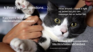 Cat wave photo by Quinn Dombrowski
k thnx bye! (or questions…)
If you want to fill out survey:
http://bit.ly/holdenTestingSpark
Give feedback on this presentation
http://bit.ly/holdenTalkFeedback
I’ll be around - I have a light
up jacket but you can
message me on twitter too.
 