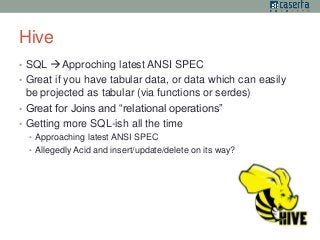 Hive 
• SQL  Approching latest ANSI SPEC 
• Great if you have tabular data, or data which can easily 
be projected as tabular (via functions or serdes) 
• Great for Joins and “relational operations” 
• Getting more SQL-ish all the time 
• Approaching latest ANSI SPEC 
• Allegedly Acid and insert/update/delete on its way? 
 