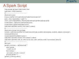 A Spark Script 
from pyspark.sql import SQLContext, Row 
sqlContext = SQLContext(sc) 
#------------------------------------------------ 
#load some users 
lines=sc.textFile("s3://caserta-bucket1/yelp/in/users/users.txt") 
parts = lines.map(lambda l: l.split(",")) 
users = parts.map(lambda p: Row(id=p[0],name=p[1],gender=p[2],age=p[3])) 
schemaUsers = sqlContext.inferSchema(users) 
schemaUsers.registerTempTable("users") 
sqlContext.sql("select count(1) from users").collect() 
#------------------------------------------------ 
#load some reviews from json baby 
reviews = sqlContext.jsonFile("s3://caserta-bucket1/yelp-academic-dataset/yelp_academic_dataset_review.json”) 
reviews.printSchema() 
reviews.registerTempTable("reviews”) 
sqlContext.sql("select count(1) from reviews").collect() 
sqlContext.sql("select user_id, votes.cool as cool, votes.useful as useful from reviews").take(10) 
#------------------------------------------------ 
#let's join! 
genders_summary = sqlContext.sql(""" 
select gender, 
count(1) as cnt 
from reviews r 
join users u on u.id = r.user_id 
group by gender""" ) 
genders_summary.collect() 
 
