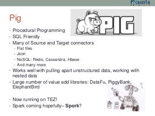 Pig 
• Procedural Programming 
• SQL Friendly 
• Many of Source and Target connectors 
• Flat files 
• Json 
• NoSQL: Redis, Cassandra, Hbase 
• And many more 
• Works well with pulling apart unstructured data, working with 
nested data 
• Large number of value add libraries: DataFu, PiggyBank, 
ElephantBird 
• Now running on TEZ! 
• Spark coming hopefully– Spork? 
 