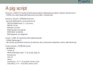 A pig script 
business = LOAD 's3://caserta-bucket1/yelp-academic-dataset/yelp_academic_dataset_business.json' 
USING com.twitter.elephantbird.pig.load.JsonLoader('-nestedLoad'); 
business_cleaned = FOREACH business 
generate $0#'business_id' as business_id, 
REPLACE($0#'name','|','-') as name, 
$0#'city' as city, 
$0#'state' as state, 
$0#'longitude' as longitude, 
$0#'latitude' as latitude, 
$0#'categories' as categories; 
review = LOAD 's3://caserta-bucket1/yelp/in/reviews/' 
USING PigStorage('|') 
AS (review_id:chararray, business_id:chararray, user_id:chararray, rating:float, review_date:chararray); 
review_cleaned = FOREACH review 
GENERATE 
review_id, 
REPLACE(review_date,'-','') as review_date_id, 
business_id, 
user_id, 
rating, 
(int)(rating >= 3 ? 1 : 0) as good_review_count, 
(int)(rating < 3 ? 1 : 0) as bad_review_count; 
 