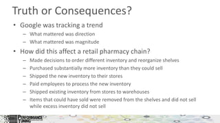 Truth or Consequences?
• Google was tracking a trend
– What mattered was direction
– What mattered was magnitude
• How did this affect a retail pharmacy chain?
– Made decisions to order different inventory and reorganize shelves
– Purchased substantially more inventory than they could sell
– Shipped the new inventory to their stores
– Paid employees to process the new inventory
– Shipped existing inventory from stores to warehouses
– Items that could have sold were removed from the shelves and did not sell
while excess inventory did not sell
 