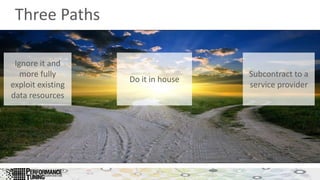 Three Paths
Do it in house
Subcontract to a
service provider
Ignore it and
more fully
exploit existing
data resources
 