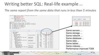 Writing better SQL: Real-life example (2:2)
The same report from the same data that runs in less than 5 minutes
Same servers ...
Same storage ...
Same network ...
Same database ...
Same data ...
Same tables ...
Same indexes ...
Performance improved 739X
 