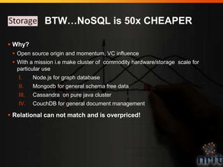 BTW…NoSQL is 50x CHEAPER
 Why?
 Open source origin and momentum, VC influence
 With a mission i.e make cluster of commo...