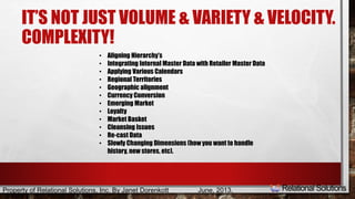 IT’S NOT JUST VOLUME & VARIETY & VELOCITY. 
COMPLEXITY! 
• Aligning Hierarchy’s 
• Integrating Internal Master Data with Retailer Master Data 
• Applying Various Calendars 
• Regional Territories 
• Geographic alignment 
• Currency Conversion 
• Emerging Market 
• Loyalty 
• Market Basket 
• Cleansing Issues 
• Re-cast Data 
• Slowly Changing Dimensions (how you want to handle 
history, new stores, etc). 
Property of Relational Solutions, Inc. By Janet Dorenkott June, 2013, 
 