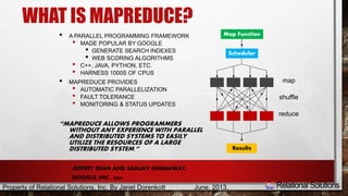 WHAT IS MAPREDUCE? 
• A PARALLEL PROGRAMMING FRAMEWORK 
• MADE POPULAR BY GOOGLE 
• GENERATE SEARCH INDEXES 
• WEB SCORING ALGORITHMS 
• C++, JAVA, PYTHON, ETC. 
• HARNESS 1000S OF CPUS 
• MAPREDUCE PROVIDES 
• AUTOMATIC PARALLELIZATION 
• FAULT TOLERANCE 
• MONITORING & STATUS UPDATES 
“MAPREDUCE ALLOWS PROGRAMMERS 
WITHOUT ANY EXPERIENCE WITH PARALLEL 
AND DISTRIBUTED SYSTEMS TO EASILY 
UTILIZE THE RESOURCES OF A LARGE 
DISTRIBUTED SYSTEM.” 
- JEFFREY DEAN AND SANJAY GHEMAWAT, 
GOOGLE, INC., 2004 
Map Function 
Scheduler 
Results 
map 
shuffle 
reduce 
Property of Relational Solutions, Inc. By Janet Dorenkott June, 2013, 
 