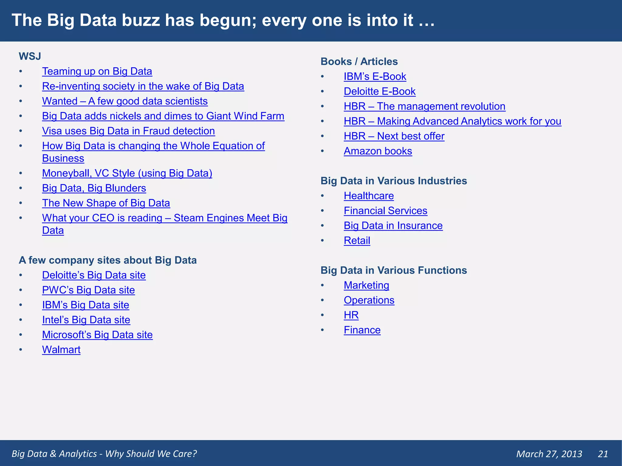 The Big Data buzz has begun; every one is into it …
 WSJ                                                      Books / Articles
 •   Teaming up on Big Data                               •   IBM’s E-Book
 •   Re-inventing society in the wake of Big Data         •   Deloitte E-Book
 •   Wanted – A few good data scientists                  •   HBR – The management revolution
 •   Big Data adds nickels and dimes to Giant Wind Farm   •   HBR – Making Advanced Analytics work for you
 •   Visa uses Big Data in Fraud detection                •   HBR – Next best offer
 •   How Big Data is changing the Whole Equation of       •   Amazon books
     Business
 •   Moneyball, VC Style (using Big Data)
                                                          Big Data in Various Industries
 •   Big Data, Big Blunders
                                                          •    Healthcare
 •   The New Shape of Big Data
                                                          •    Financial Services
 •   What your CEO is reading – Steam Engines Meet Big
     Data                                                 •    Big Data in Insurance
                                                          •    Retail
 A few company sites about Big Data
 •    Deloitte’s Big Data site                            Big Data in Various Functions
 •    PWC’s Big Data site                                 •    Marketing
 •    IBM’s Big Data site                                 •    Operations
 •    Intel’s Big Data site                               •    HR
 •    Microsoft’s Big Data site                           •    Finance
 •    Walmart




Big Data & Analytics - Why Should We Care?                                                      March 27, 2013   21
 