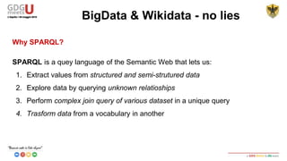 Why SPARQL?
SPARQL is a quey language of the Semantic Web that lets us:
1. Extract values from structured and semi-strutured data
2. Explore data by querying unknown relatioships
3. Perform complex join query of various dataset in a unique query
4. Trasform data from a vocabulary in another
BigData & Wikidata - no lies
 