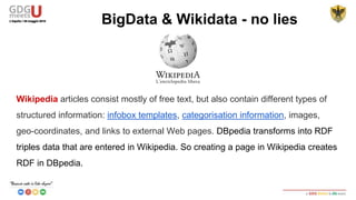 DBPEDIA
----------------------------------------------------------------------------------
PREFIX dbp: <http://dbpedia.org/>
PREFIX dbpowl: <http://dbpedia.org/ontology/>
PREFIX dbpres: <http://dbpedia.org/resource/>
PREFIX dbpprop: <http://dbpedia.org/property/>
PREFIX dbpclass: <http://dbpedia.org/class/yago/>
BigData & Wikidata - no lies
 