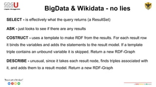 ➔ Semantically-Interlinked Online Communities (SIOC): www.sioc-
project.org/, vocabulary for representing online communities
➔ Description of a Project (DOAP): http://usefulinc.com/doap/, vocabulary for
describing projects
➔ Simple Knowledge Organization System (SKOS):
http://www.w3.org/2004/02/skos/, vocabulary for representing taxonomies and
loosely structured knowledge
BigData & Wikidata - no lies
 