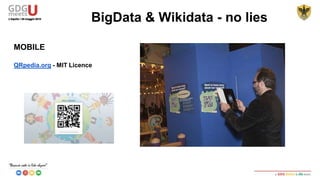 SELECT - is effectively what the query returns (a ResultSet)
ASK - just looks to see if there are any results
COSTRUCT - uses a template to make RDF from the results. For each result row
it binds the variables and adds the statements to the result model. If a template
triple contains an unbound variable it is skipped. Return a new RDF-Graph
DESCRIBE - unusual, since it takes each result node, finds triples associated with
it, and adds them to a result model. Return a new RDF-Graph
BigData & Wikidata - no lies
 