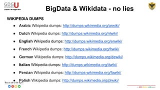 What linked data il good for? Don’t search a single thing, but explore a whole
set of related things together!
1) Revolutionize Wikipedia Search
2) Include DBpedia data in our own web page
3) Mobile and Geographic Applications
4) Document Classification, Annotation and Social Bookmarking
5) Multi-Domain Ontology
6) Nucleus for the Web of Data
BigData & Wikidata - no lies
 
