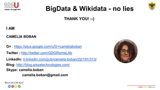 WIKIPEDIA DUMPS
● Portuguese Wikipedia dumps: http://dumps.wikimedia.org/ptwiki/
● Russian Wikipedia dumps: http://dumps.wikimedia.org/ruwiki/
● Serbian Wikipedia dumps: http://dumps.wikimedia.org/srwiki/
● Spanish Wikipedia dumps: http://dumps.wikimedia.org/eswiki/
● Swedish Wikipedia dumps: http://dumps.wikimedia.org/svwiki/
● Ukrainian Wikipedia dumps: http://dumps.wikimedia.org/ukwiki/
● Vietnamese Wikipedia dumps: http://dumps.wikimedia.org/viwiki/
BigData & Wikidata - no lies
 