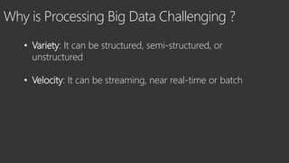 • Variety: It can be structured, semi-structured, or
unstructured
• Velocity: It can be streaming, near real-time or batch
Why is Processing Big Data Challenging ?
 