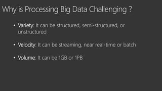 • Variety: It can be structured, semi-structured, or
unstructured
• Velocity: It can be streaming, near real-time or batch
• Volume: It can be 1GB or 1PB
Why is Processing Big Data Challenging ?
 
