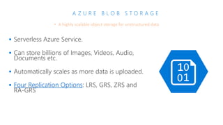 A Z U R E B L O B S T O R A G E
• A highly scalable object storage for unstructured data
 Serverless Azure Service.
 Can store billions of Images, Videos, Audio,
Documents etc.
 Automatically scales as more data is uploaded.
 Four Replication Options: LRS, GRS, ZRS and
RA-GRS
 